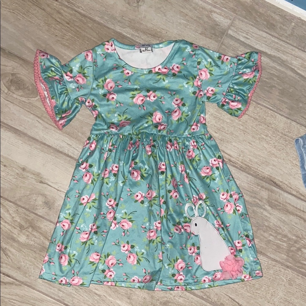 BMG Floral Blue Pink Girls Bunny Easter Dress With Pom Pom Bell Sleeves Large 3T